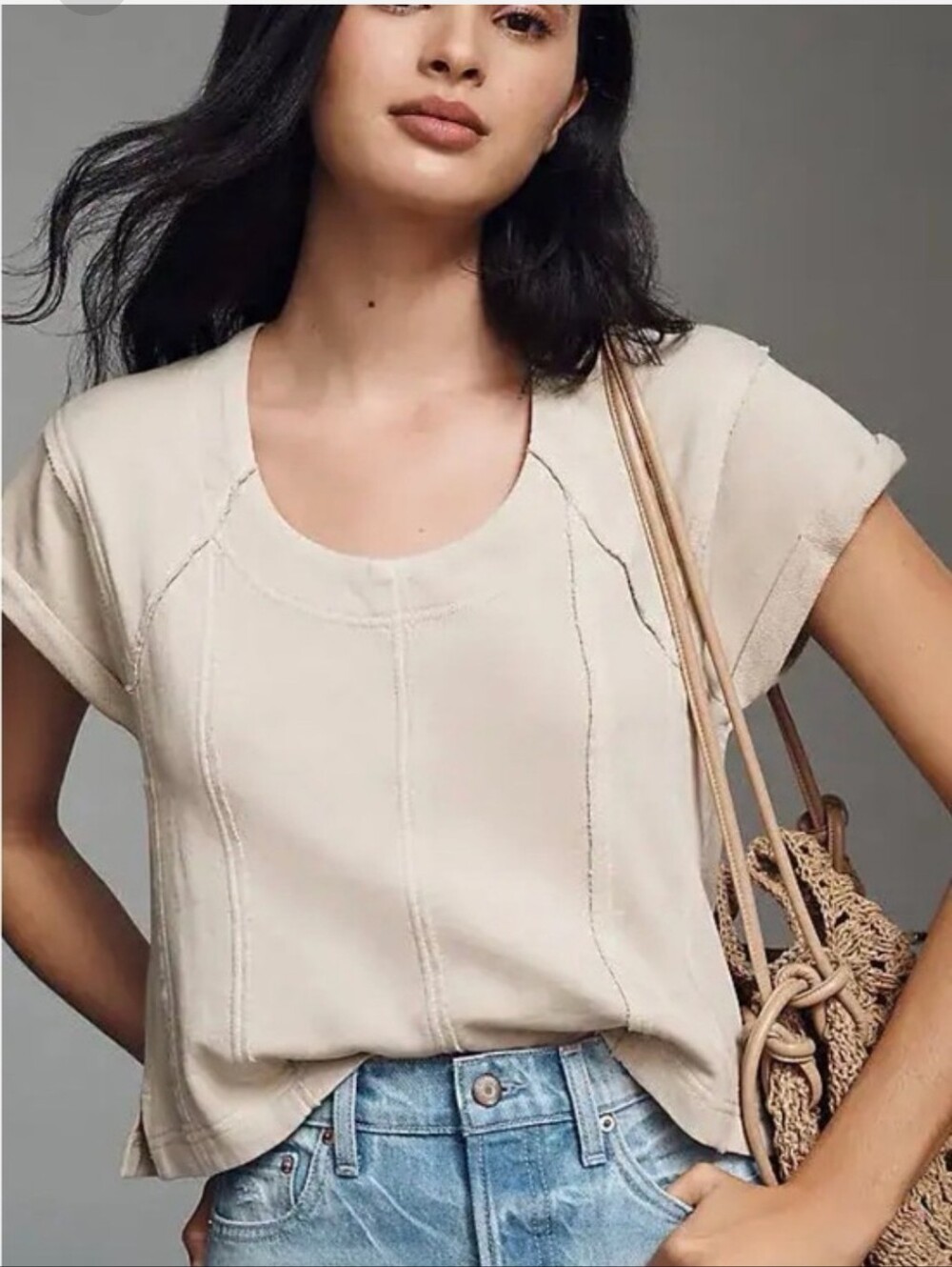 Pilcro Scoop Neck Short Sleeve Top - Cream
